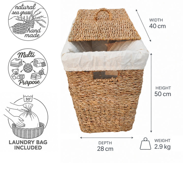 Seagrass laundry basket with a 50-liter capacity: 40 cm wide, 28 cm deep, 50 cm high, 2.9 kg; includes a lid and laundry bag.