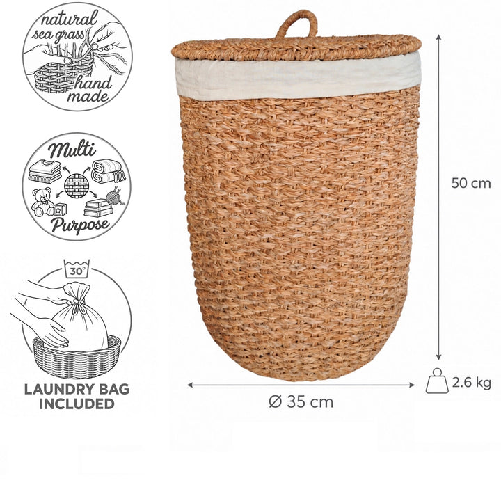 Dimensions of the laundry basket with seagrass lid: Ø 35 cm, height 50 cm, 2.6 kg; laundry bag is machine washable at 30 °C.