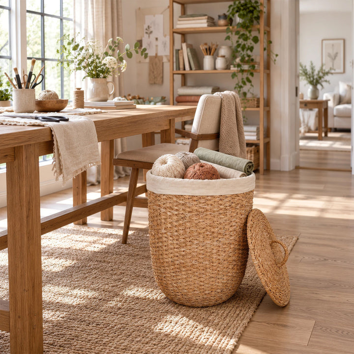An open laundry basket made of seagrass with a light-colored fabric insert, wool, and rolls of fabric, as well as a lid resting against it, in the sewing room.