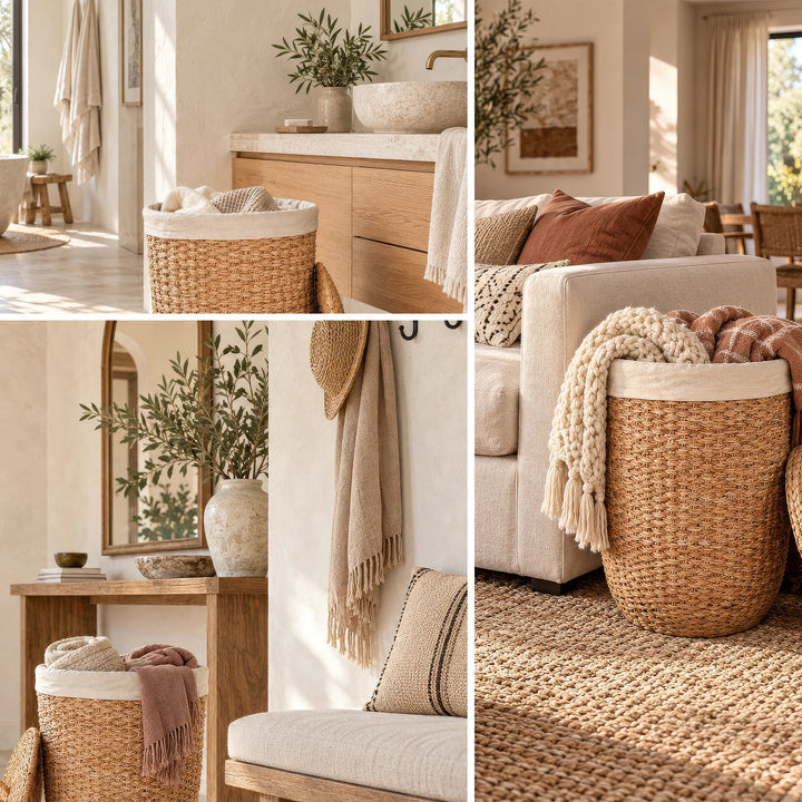 Collage: Seagrass laundry basket with a lid for towels, scarves, and blankets in the bathroom, hallway, and living room.