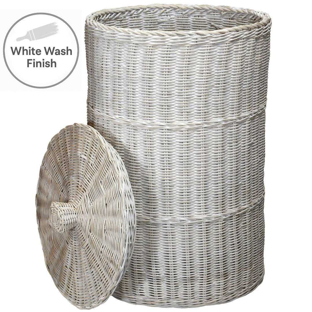 Hand-woven rattan laundry basket in white wash finish, with lid and 50 liter volume