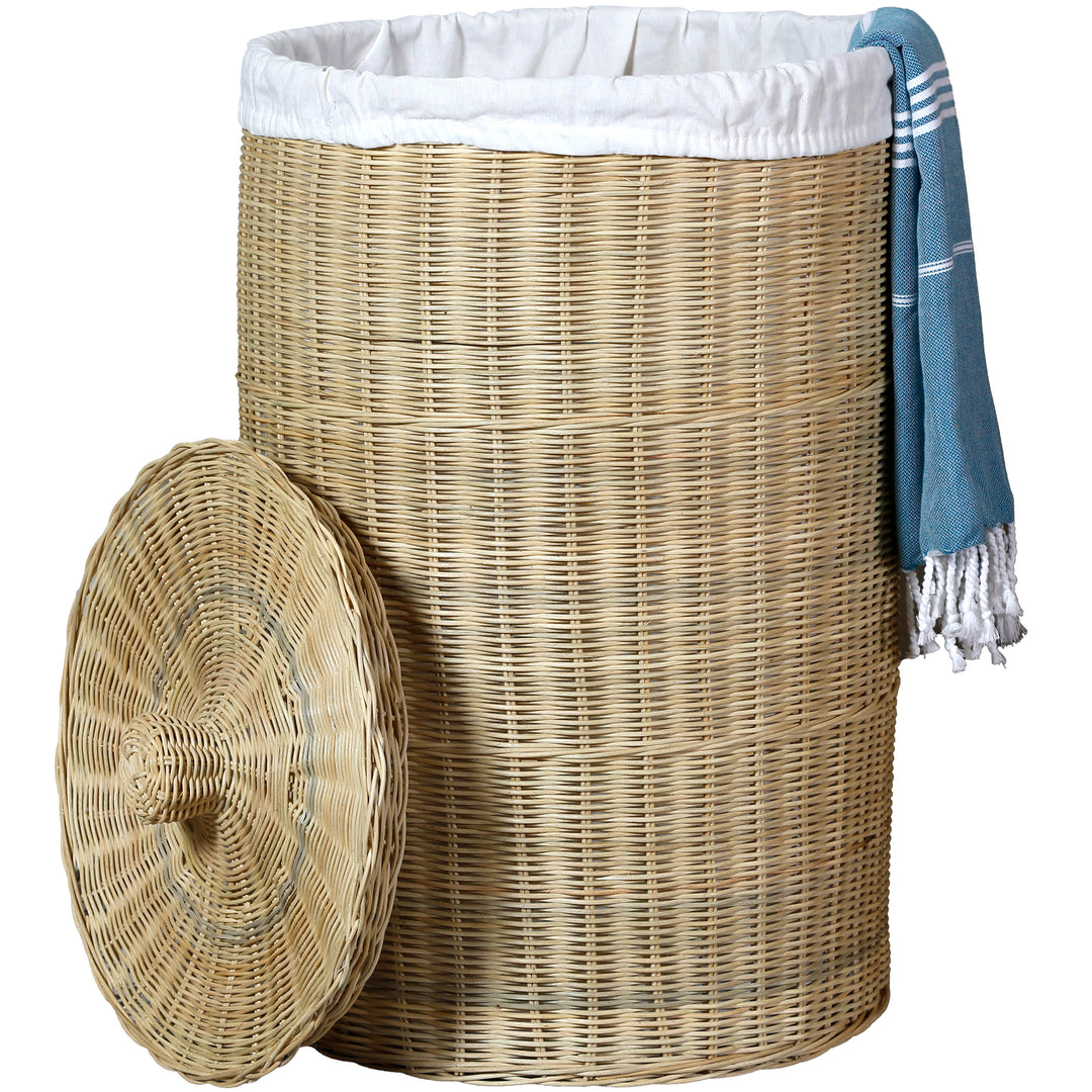 Round laundry basket with washable cotton bag, easily removable, explained in several languages