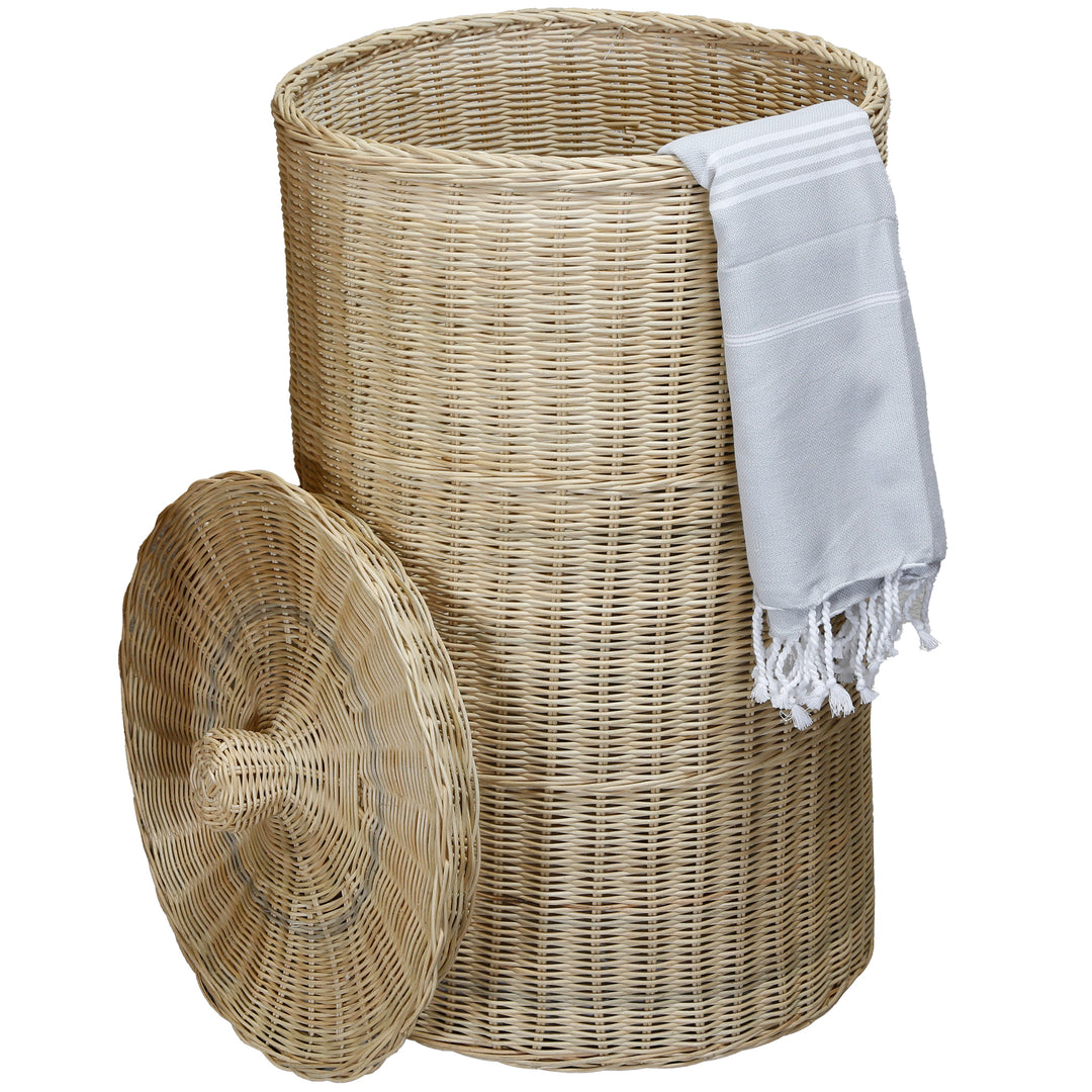 Large rattan laundry basket with white inner bag and blue hammam towel, approx. 60 cm high