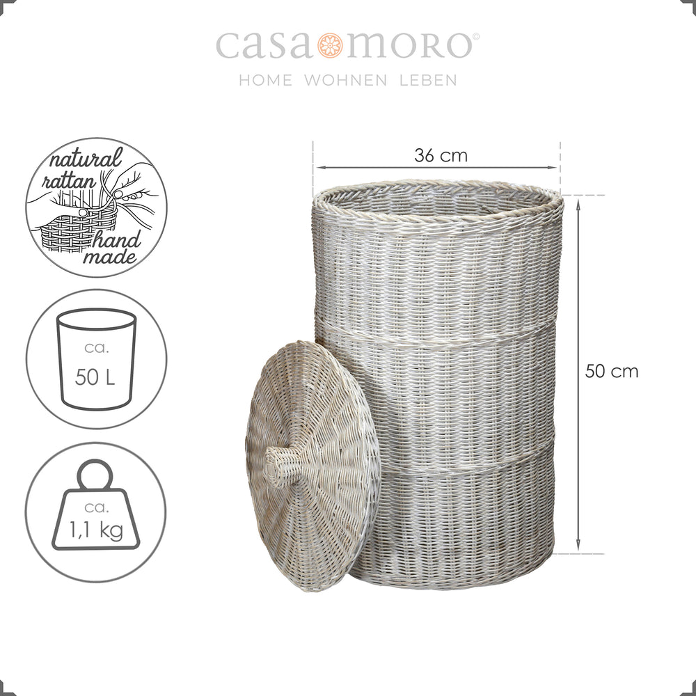 Compact laundry basket in a white wash look, approx. 50 cm high, hand-woven from natural rattan