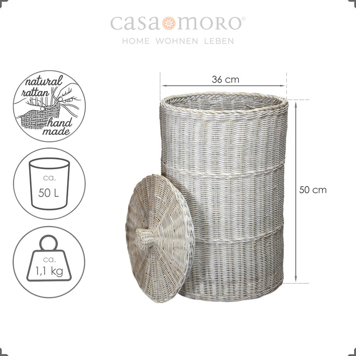 Compact laundry basket in a white wash look, approx. 50 cm high, hand-woven from natural rattan
