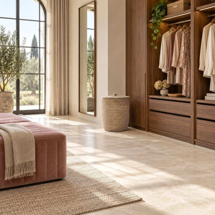 A seagrass laundry hamper with a lid and a capacity of about 65 liters next to a wooden cabinet in the dressing room.