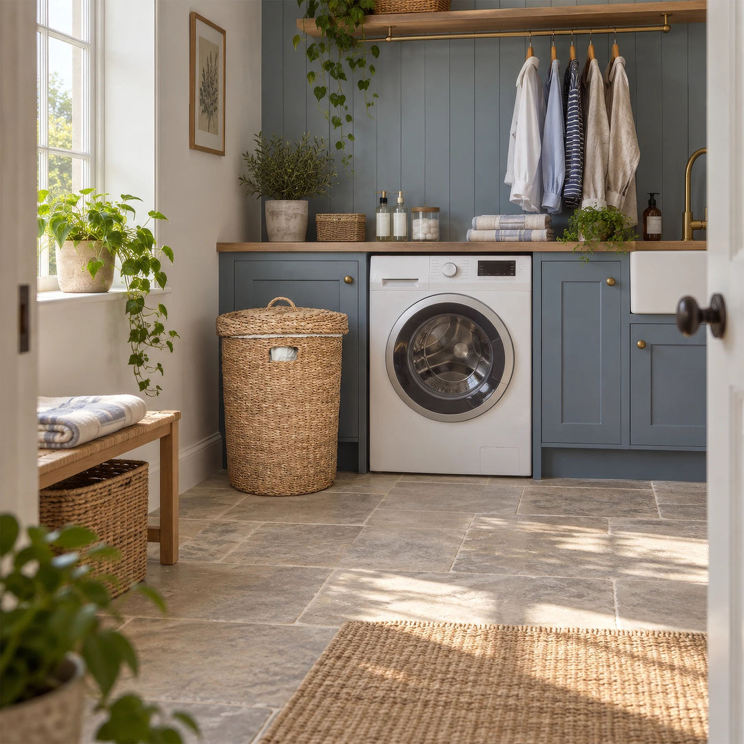 A seagrass laundry basket with a lid and a 75-liter capacity next to a washing machine in the bright laundry room.