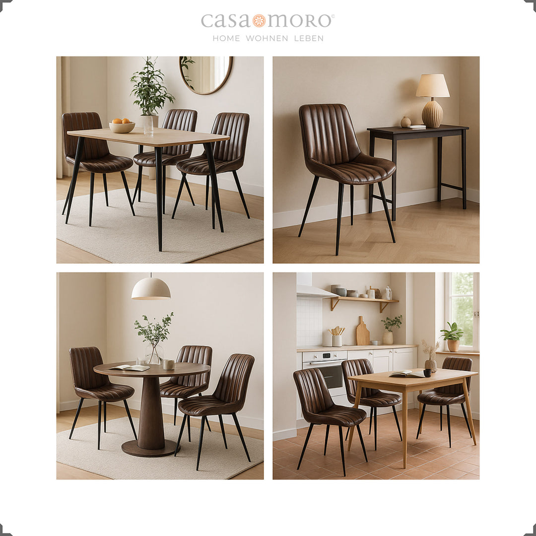 Antique brown leather chairs with black painted metal legs in various living and dining room settings, modern and inviting