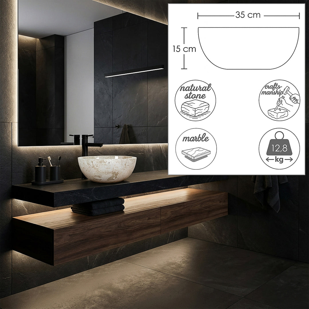 Round countertop washbasin made of light marble on a dark washbasin, complemented by dimensional graphics with diameter, height and weight
