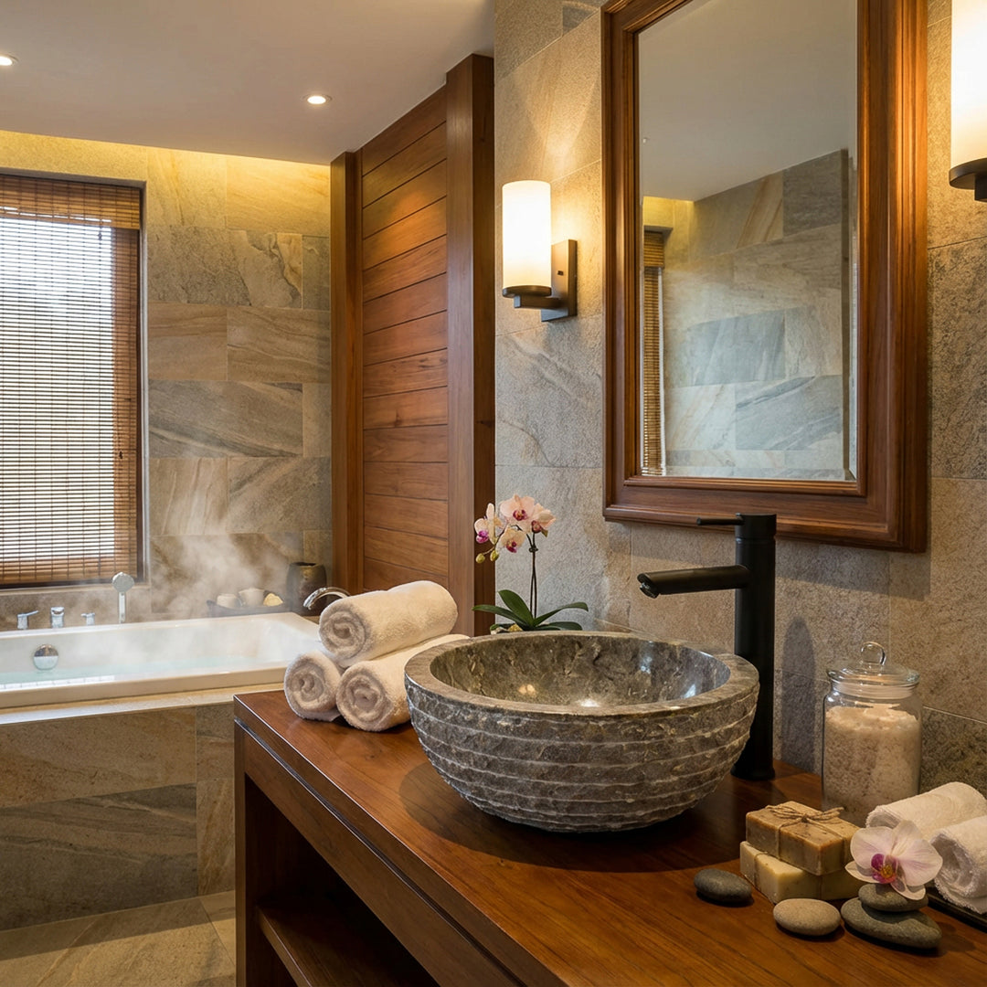 Round Washbasin made of marble on a wooden console, elegant bathroom with bathtub, natural stone tiles and warm light