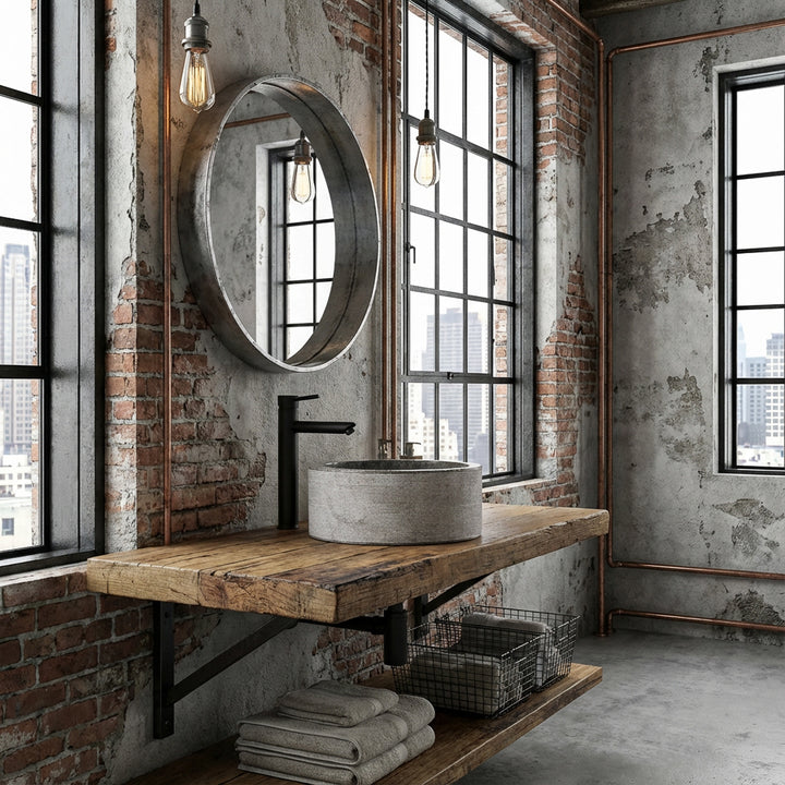 Round Washbasin in a marble look on a rustic wooden console, staged in an urban industrial bathroom with a loft character.