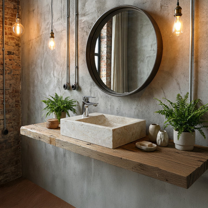 Rectangular countertop washbasin made of light marble on a floating wooden console with chrome-plated fittings in the industrial bathroom
