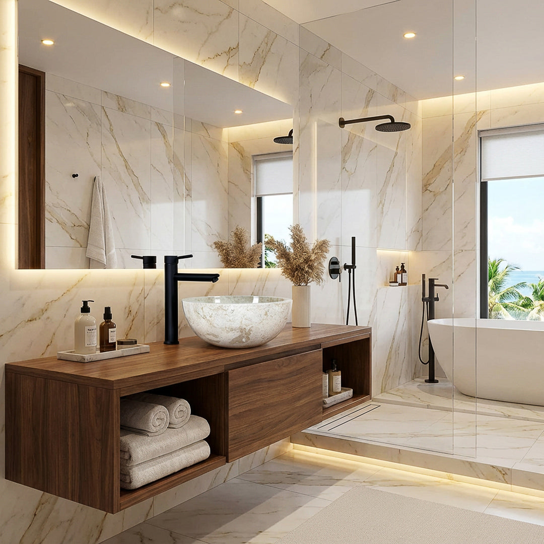 Round countertop washbasin made of light stone on floating wooden vanity unit with black faucet in modern spa bathroom