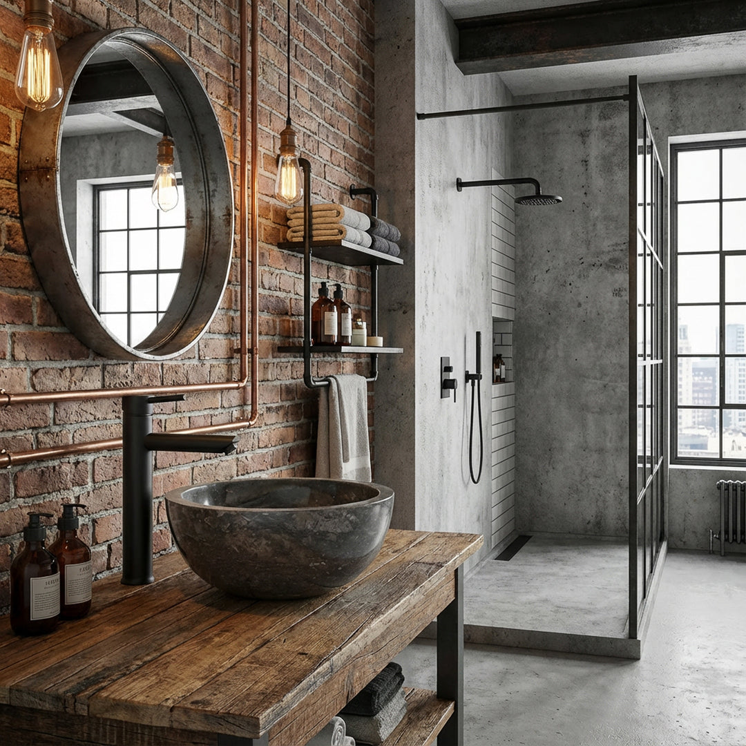 Round Washbasin made of dark natural material on a wooden washbasin with black fittings in an industrial loft bathroom