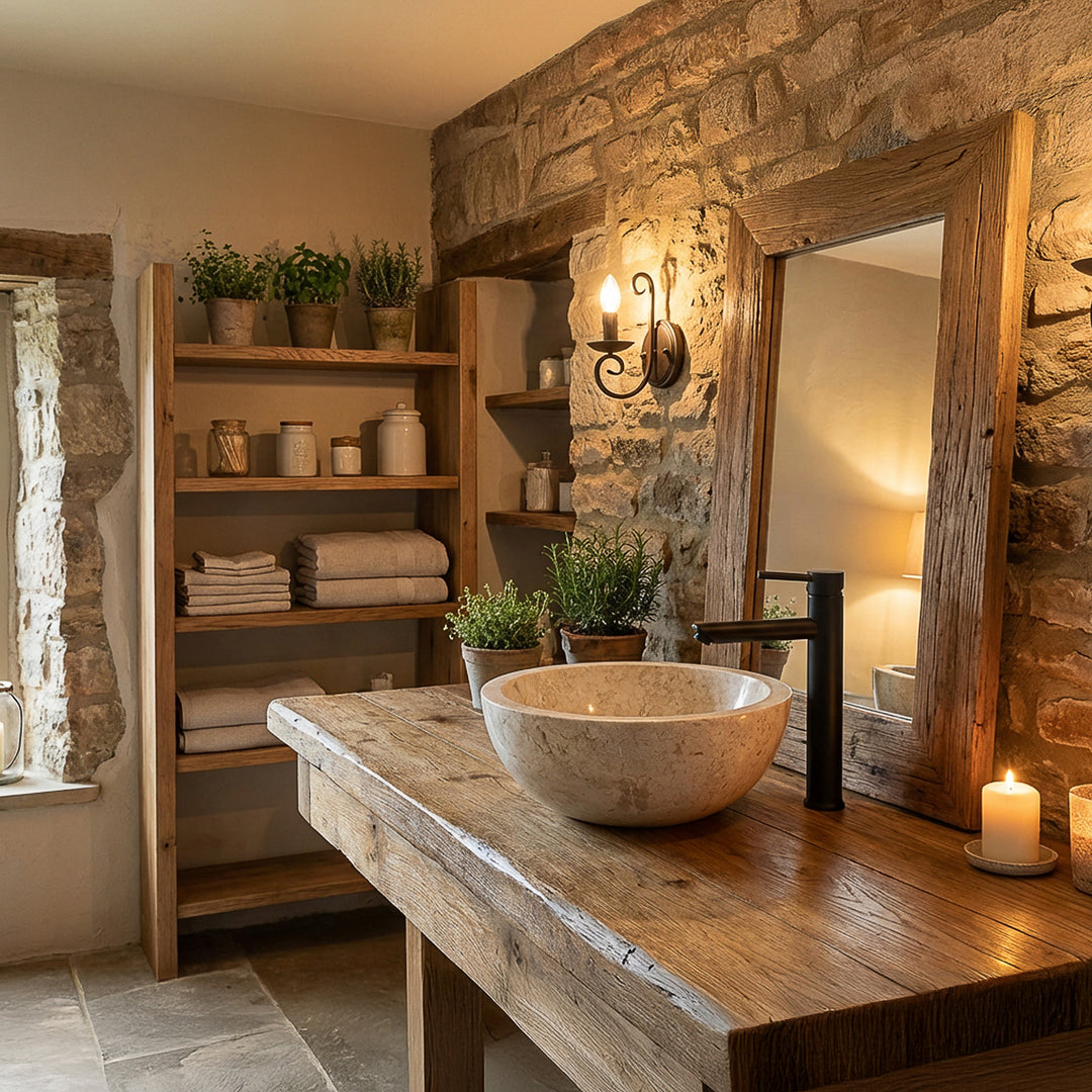 Round countertop washbasin made of light stone on a rustic wooden table with black fittings in a warm country house bathroom
