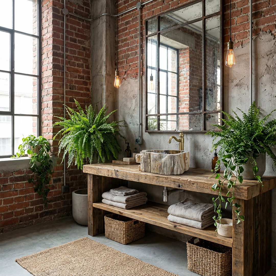 Stone sink as a countertop basin on a rustic wooden console, industrial bathroom with brick wall, plants and warm light.