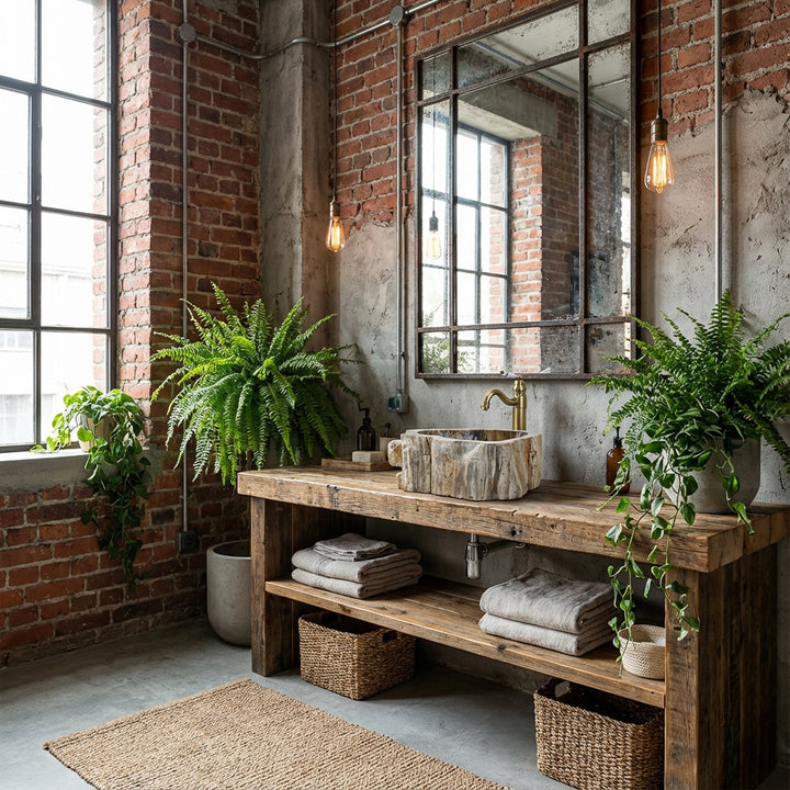 Stone sink as a countertop basin on a rustic wooden console, industrial bathroom with brick wall, plants and warm light.