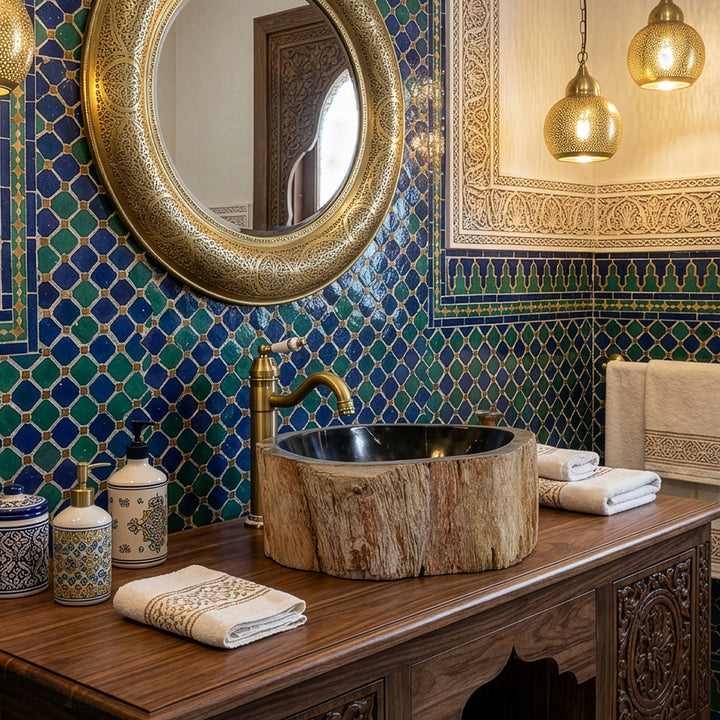 Stone countertop sink made of petrified wood on wooden console, oriental bathroom with zellige tiles, brass fittings and warm lighting.