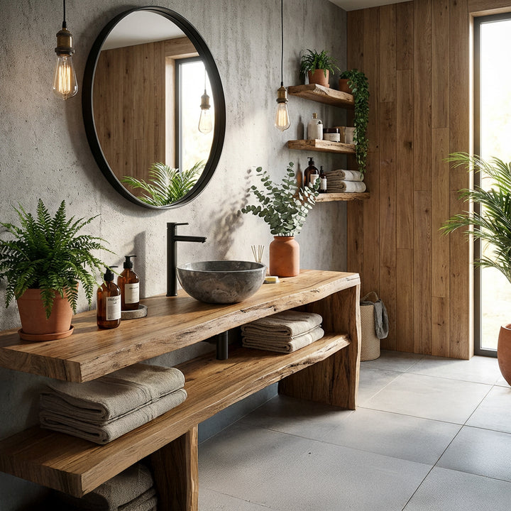 Round Washbasin made of stone on a solid wooden vanity in the quiet natural bathroom with plants, mirror and warm lighting