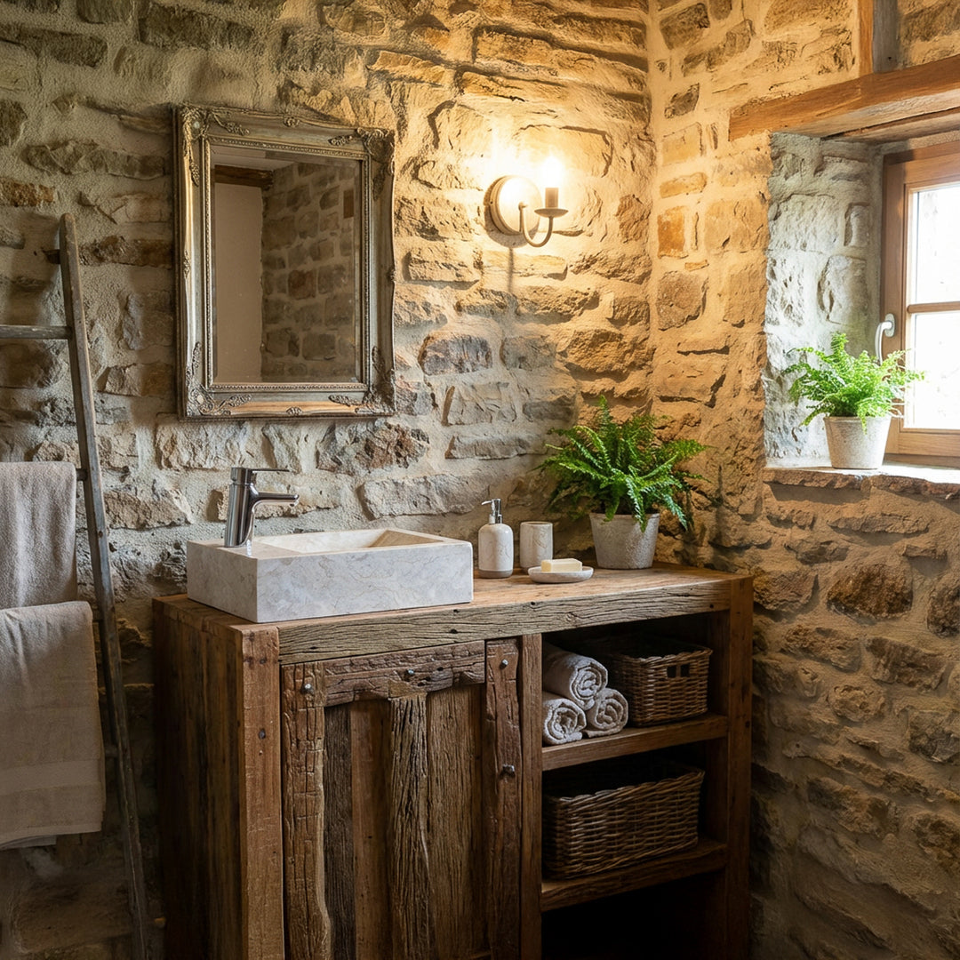 Angular Washbasin made of light natural stone on a rustic wooden washbasin in a stone country house bathroom with window light