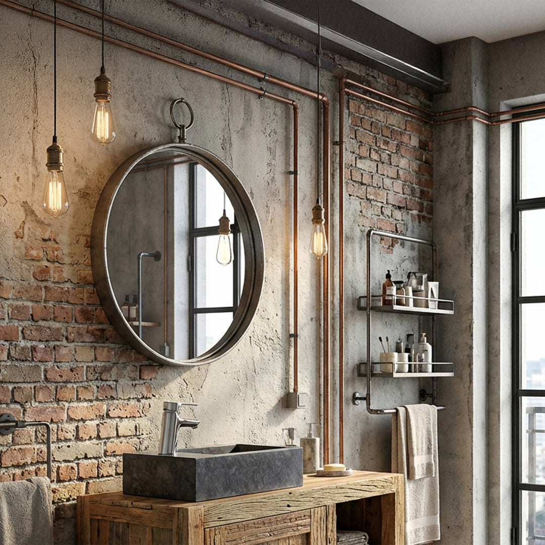 Angular Washbasin made of stone on wooden vanity in industrial loft bathroom, combined with chrome fittings, brick wall, visible copper pipes and warm light
