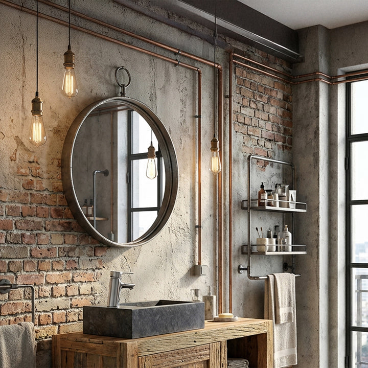 Angular Washbasin made of stone on wooden vanity in industrial loft bathroom, combined with chrome fittings, brick wall, visible copper pipes and warm light