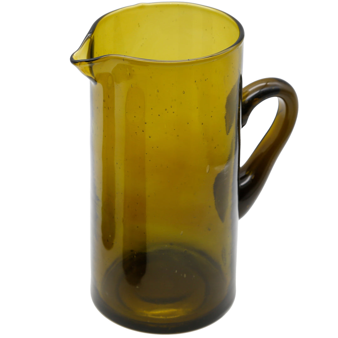 Hand-blown water carafe with handle – expressive glass design in yellow-brown