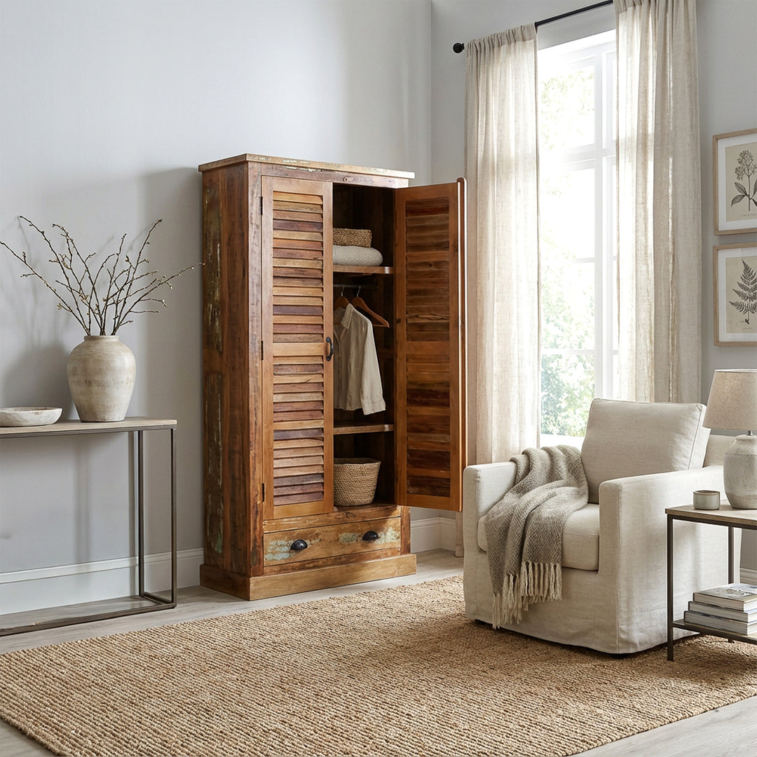 Cabinet made of solid wood and reclaimed wood in vintage style, placed in the living room