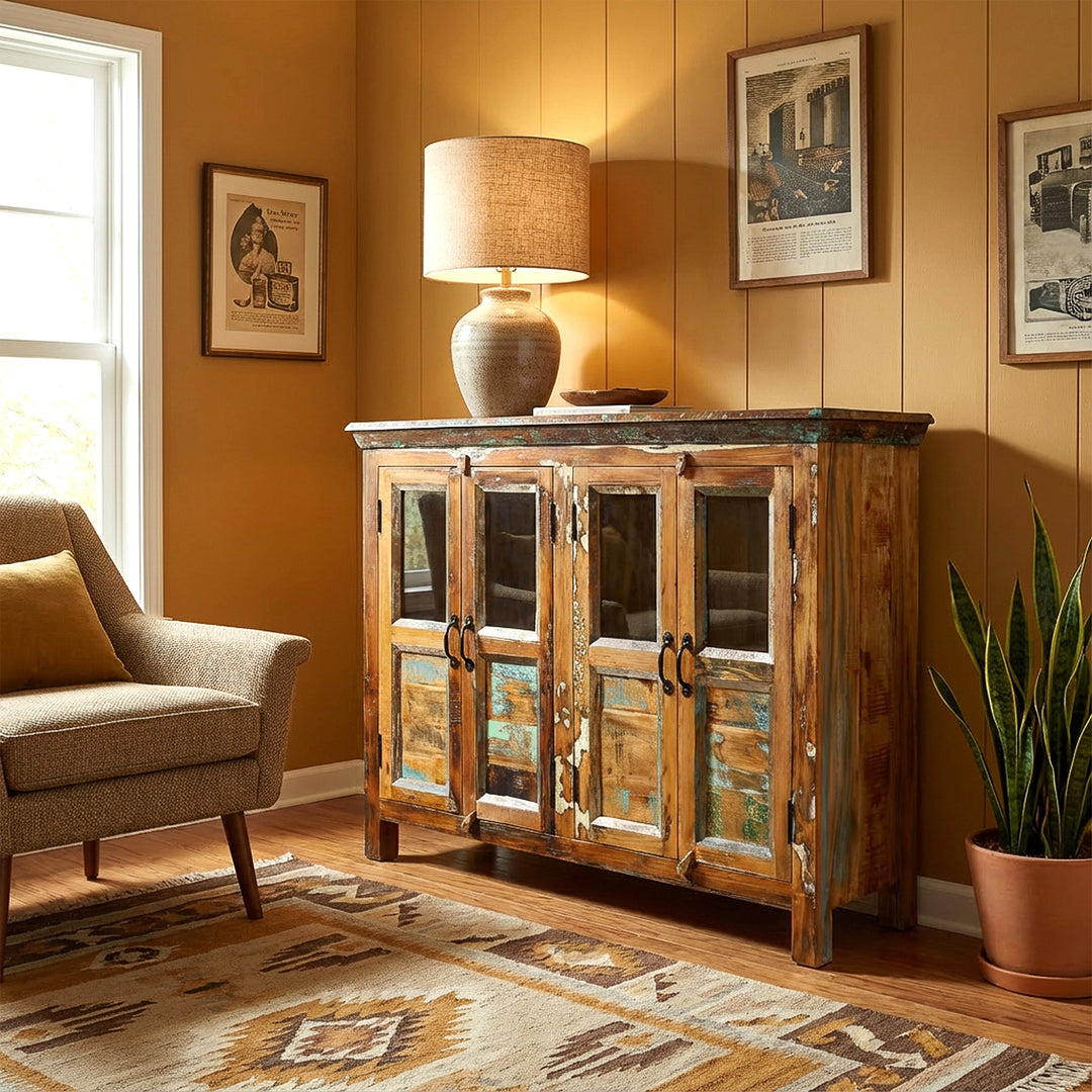 Solid wood sideboard with glass doors in vintage living room