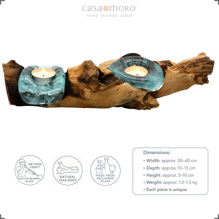 Tealight holder made of glass and burl wood with dimensions, handmade unique piece made of mouth-blown glass and natural teak wood.